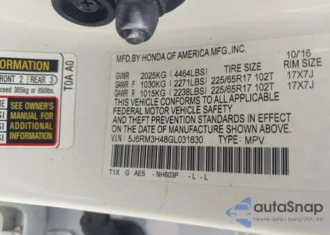 2016 Honda Cr-V Se z USA, uszkodzony, nr VIN 5J6RM3H48GL031830